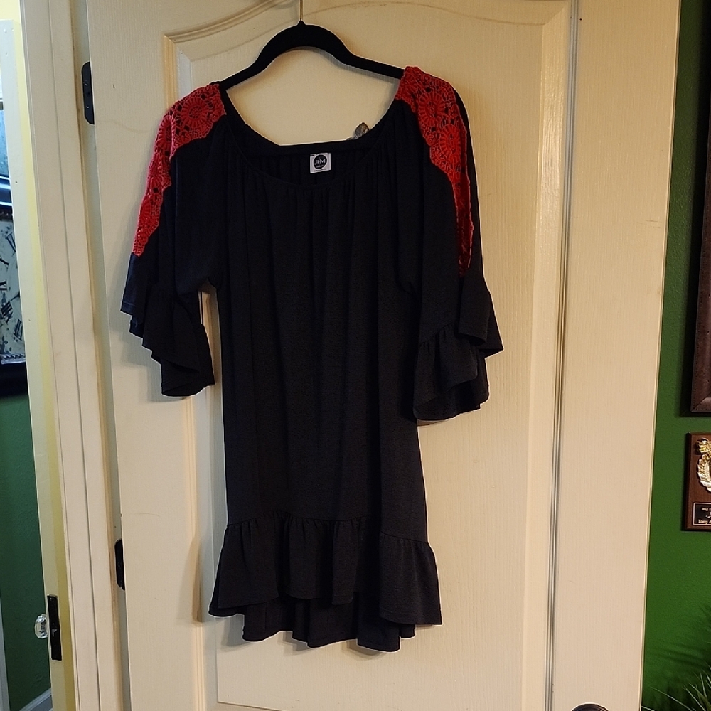 J&M BLACK BLOUSE with RED LACE ACCENTS